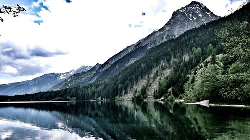 Scenic view of lake with mountains in background