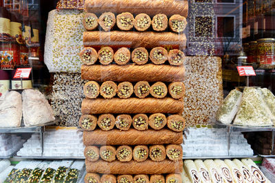 Stack of food for sale in store