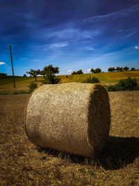 Hay bales on field against sky