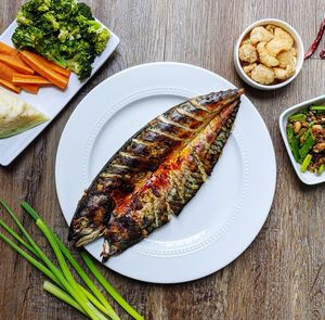 High angle view of meal served on table