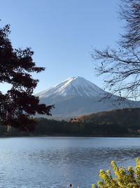 Scenic view of lake by snowcapped mountains against sky