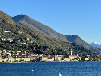 Scenic view of sea and mountains against clear blue sky