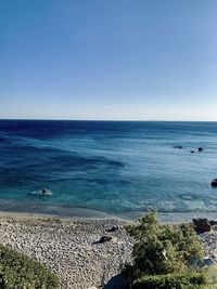 Scenic view of sea against clear blue sky