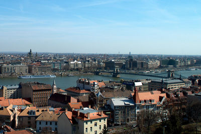 High angle view of river amidst buildings against sky