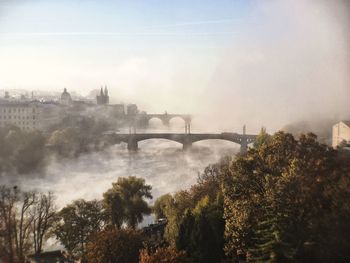Bridge over river with city in background