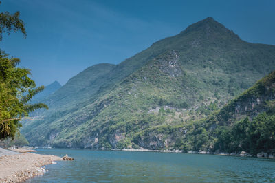 Scenic view of sea and mountains against sky