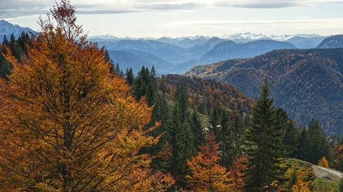 Scenic view of mountains against sky during autumn