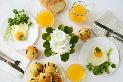 High angle view of breakfast on table