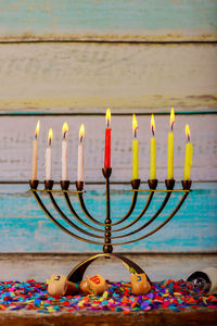 Close-up of lit candles on table