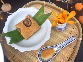 High angle view of breakfast on table