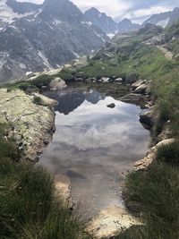 High angle view of plants and mountains against sky