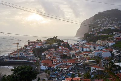 High angle view of buildings in city against sky