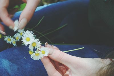 Low section of woman holding flower