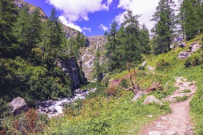 Scenic view of waterfall against sky