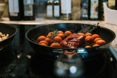 High angle view of vegetables on table in kitchen