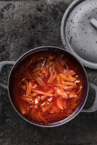 High angle view of soup in bowl