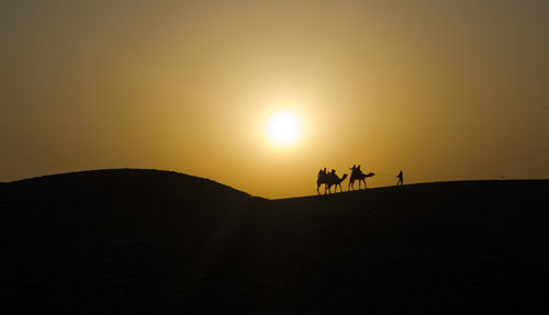 Silhouette man pulling camels on desert against sky during sunset