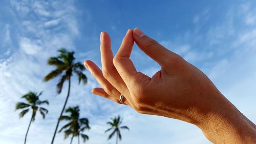 Low angle view of human hand against sky