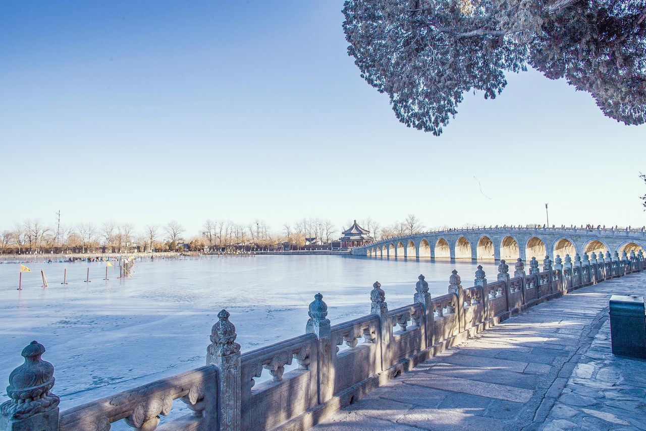 clear sky, water, built structure, architecture, copy space, railing, blue, incidental people, bridge - man made structure, nature, sea, day, outdoors, building exterior, in a row, beach, tree, pier, tranquility, tranquil scene