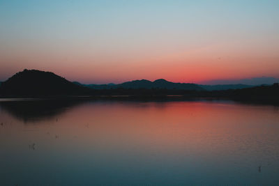 Scenic view of lake against clear sky during sunset