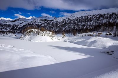 Scenic view of snow covered mountains against sky