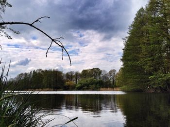 Scenic view of lake against cloudy sky