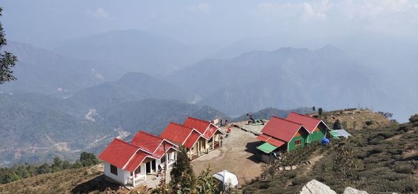 High angle view of buildings against mountains