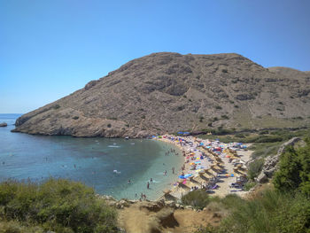 Scenic view of sea against clear blue sky