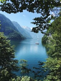 Scenic view of lake in forest against sky