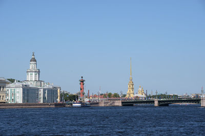 View of buildings by city against clear sky