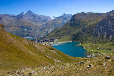 View of the resort of tignes and its lake in summer in savoie in the alps in france