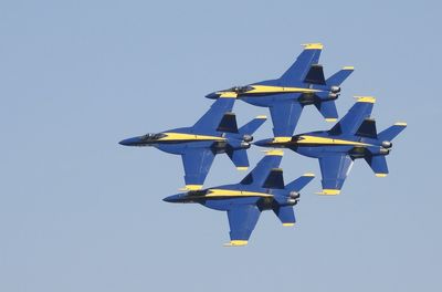 Low angle view of airshow against clear sky