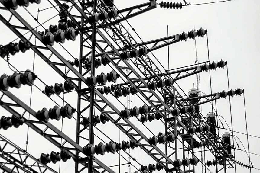 low angle view, sky, power line, cable, clear sky, electricity pylon, metal, connection, day, power supply, hanging, fuel and power generation, outdoors, electricity, in a row, working, amusement park, no people, abundance, arts culture and entertainment