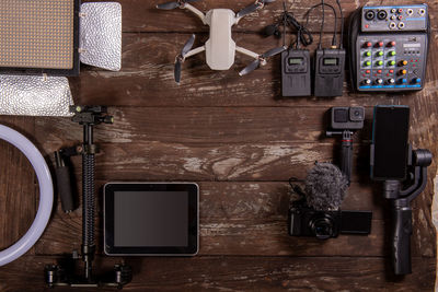 High angle view of objects on table