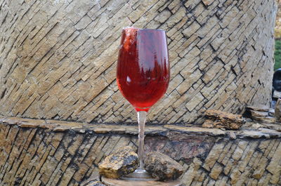 High angle view of red wine on table