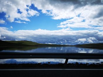 Scenic view of lake by mountains against sky