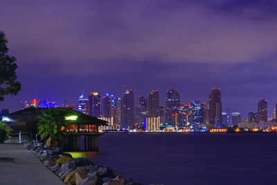 Sea by illuminated cityscape against sky at night