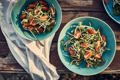 High angle view of food in bowl on table