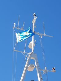 Low angle view of sailboat against clear blue sky