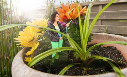 Woman standing by flowering plants