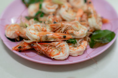 High angle view of seafood in plate on table