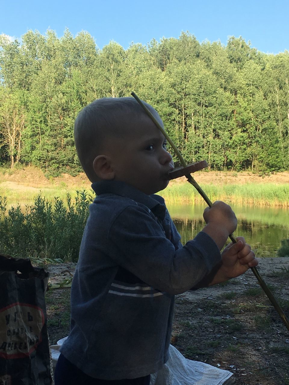 SIDE VIEW OF BOY HOLDING PLANTS BY LAKE