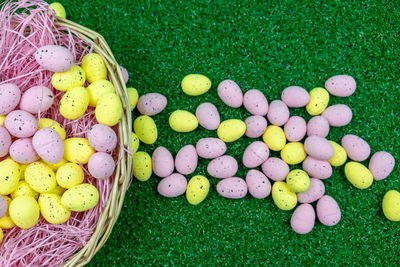 High angle view of multi colored eggs in basket