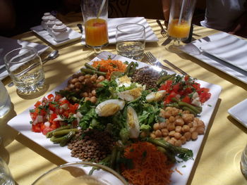 High angle view of meal served on table