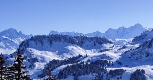 Scenic view of snow covered mountains against sky