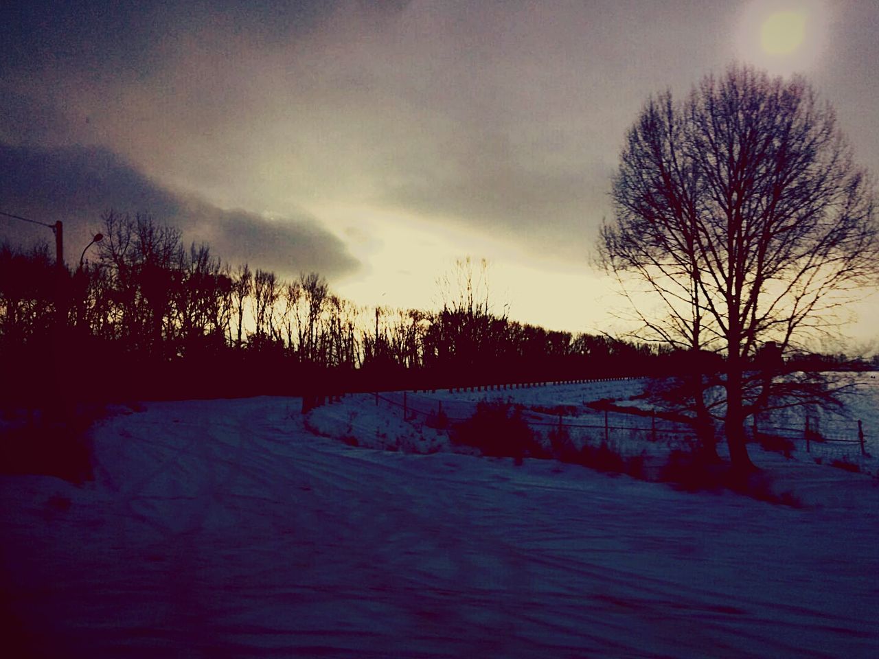 bare tree, snow, winter, cold temperature, sky, tree, weather, tranquility, tranquil scene, sunset, landscape, cloud - sky, season, nature, scenics, field, silhouette, beauty in nature, dusk, covering