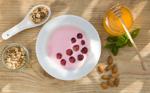 High angle view of breakfast on table