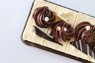 High angle view of chocolate cake on table