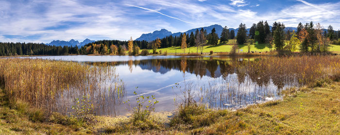 Scenic view of lake by trees against sky