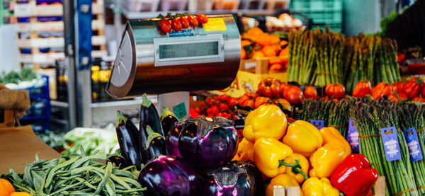 Various vegetables for sale at market stall